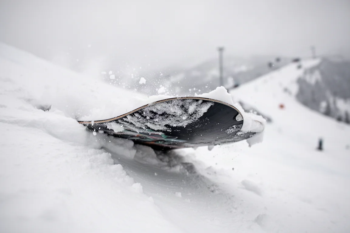 Zbliżenie na nos deski snowboardowej wciśnięty w śnieżną halę podczas buterii