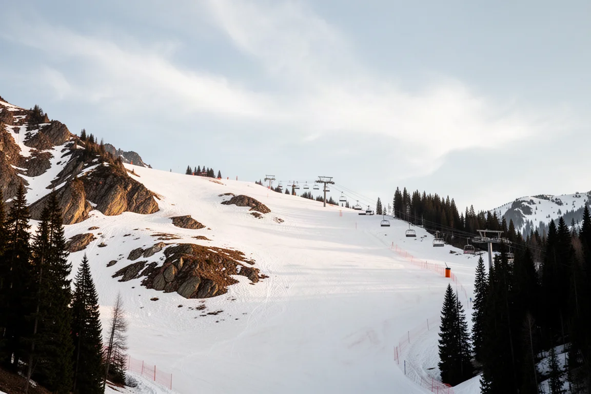Condizioni primaverili in un resort d'alta montagna con neve slush e cielo azzurro sereno