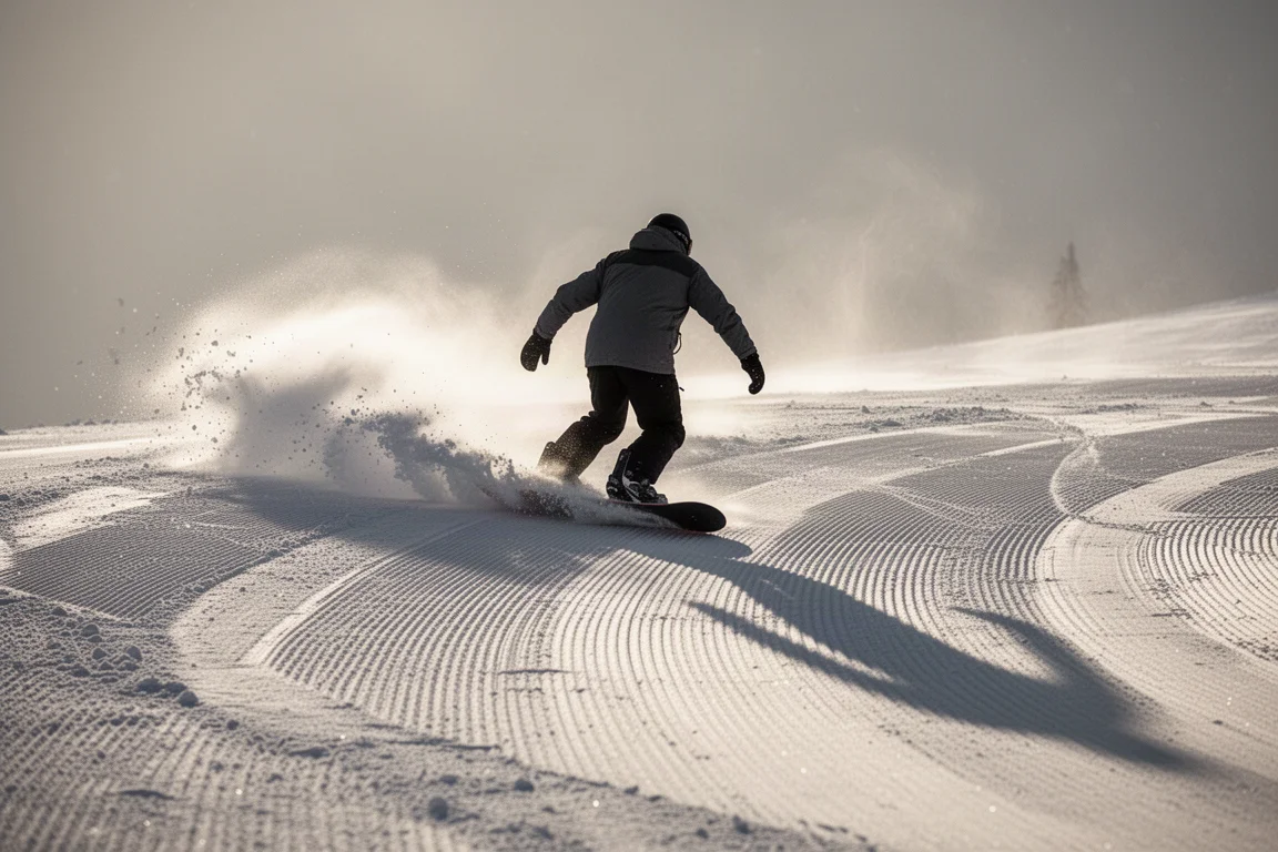 Snowboarder che traccia una curva lunga su corduroy battuto con spruzzi di neve