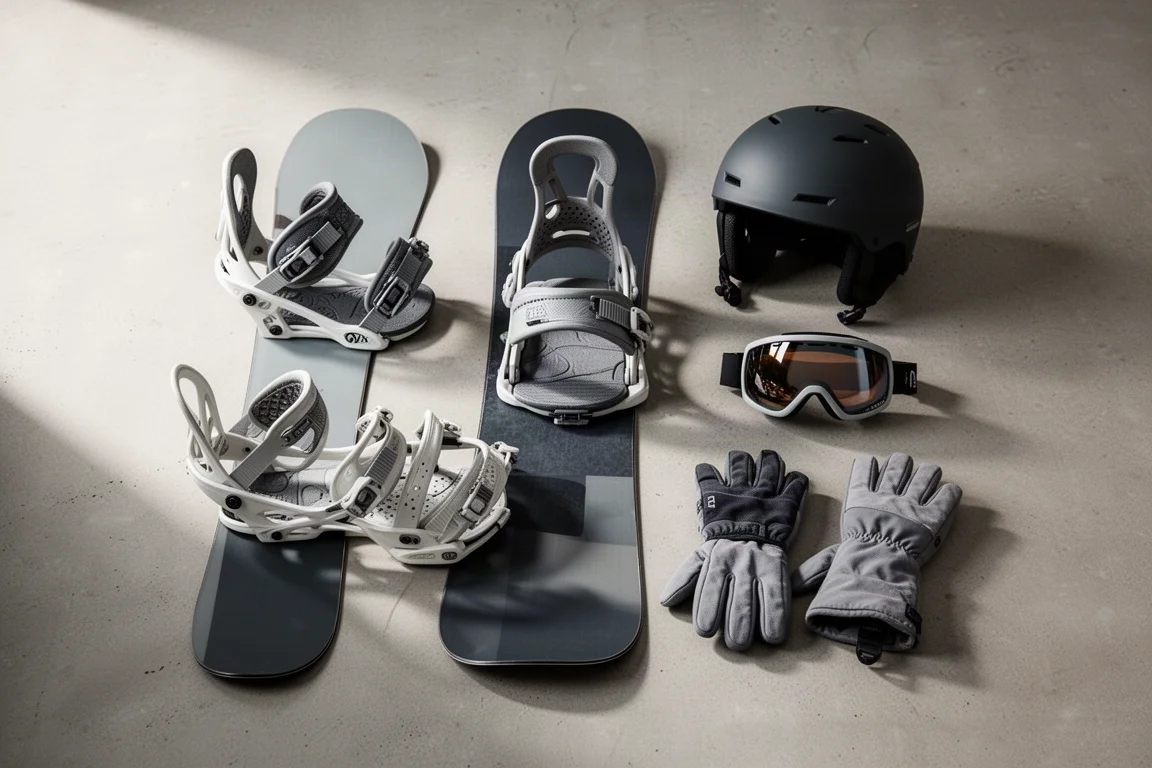 Attacchi da snowboard, casco, maschera e guanti disposti su cemento