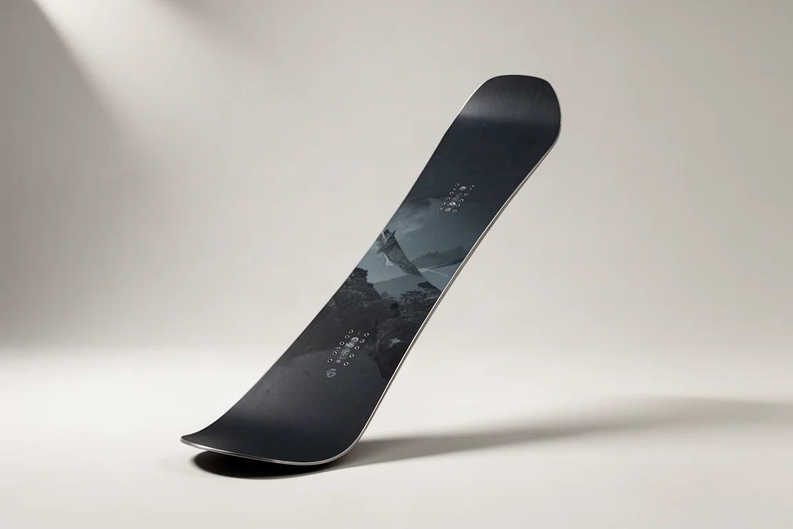 Snowboard standing at a three-quarter angle on a neutral grey studio backdrop