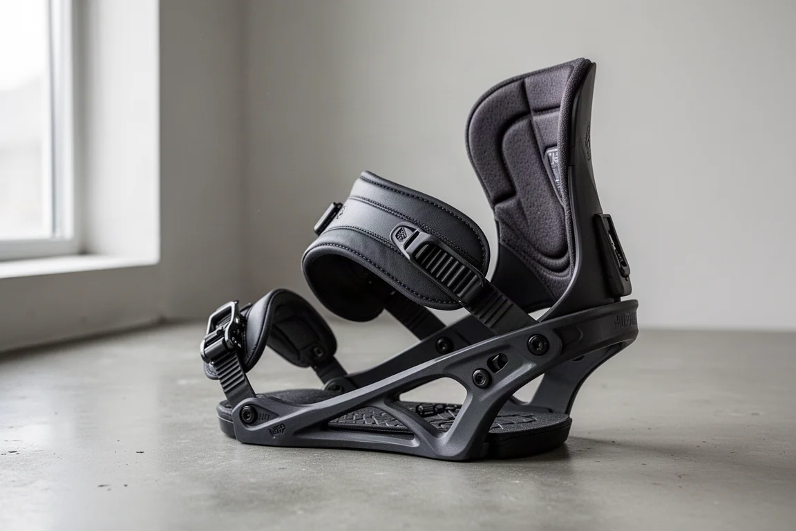 Snowboard binding with asymmetric ankle strap on neutral studio surface