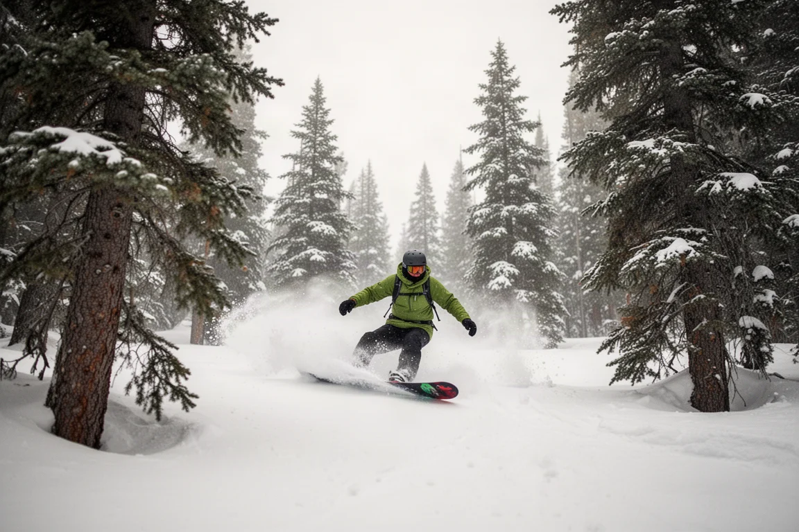 Snowboarder carving through a tree run in soft daylight