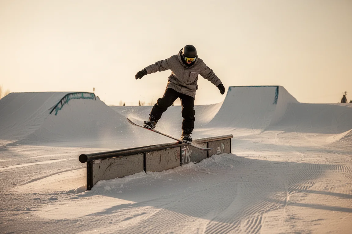 Snowboarder pressing on a park feature at sunset