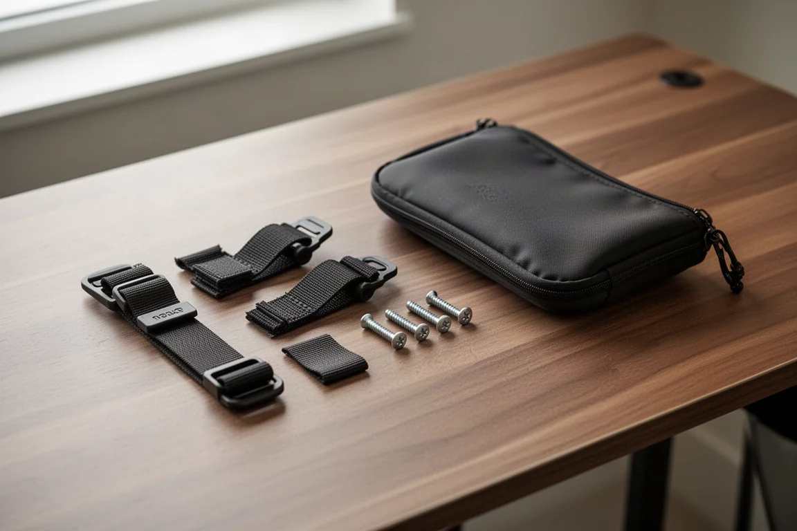 Flat-lay of snowboard binding spare straps and screws on a wooden desk