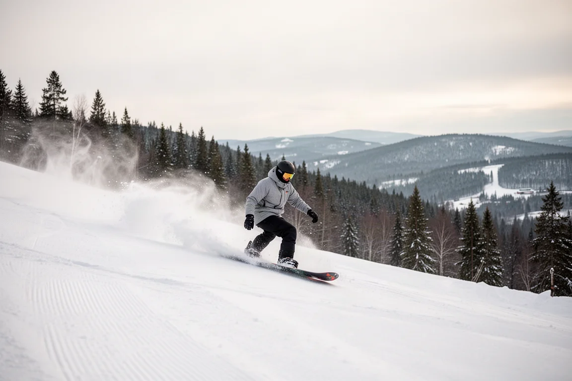 Snowboarder carving down a groomed slope on a mountain in Sweden