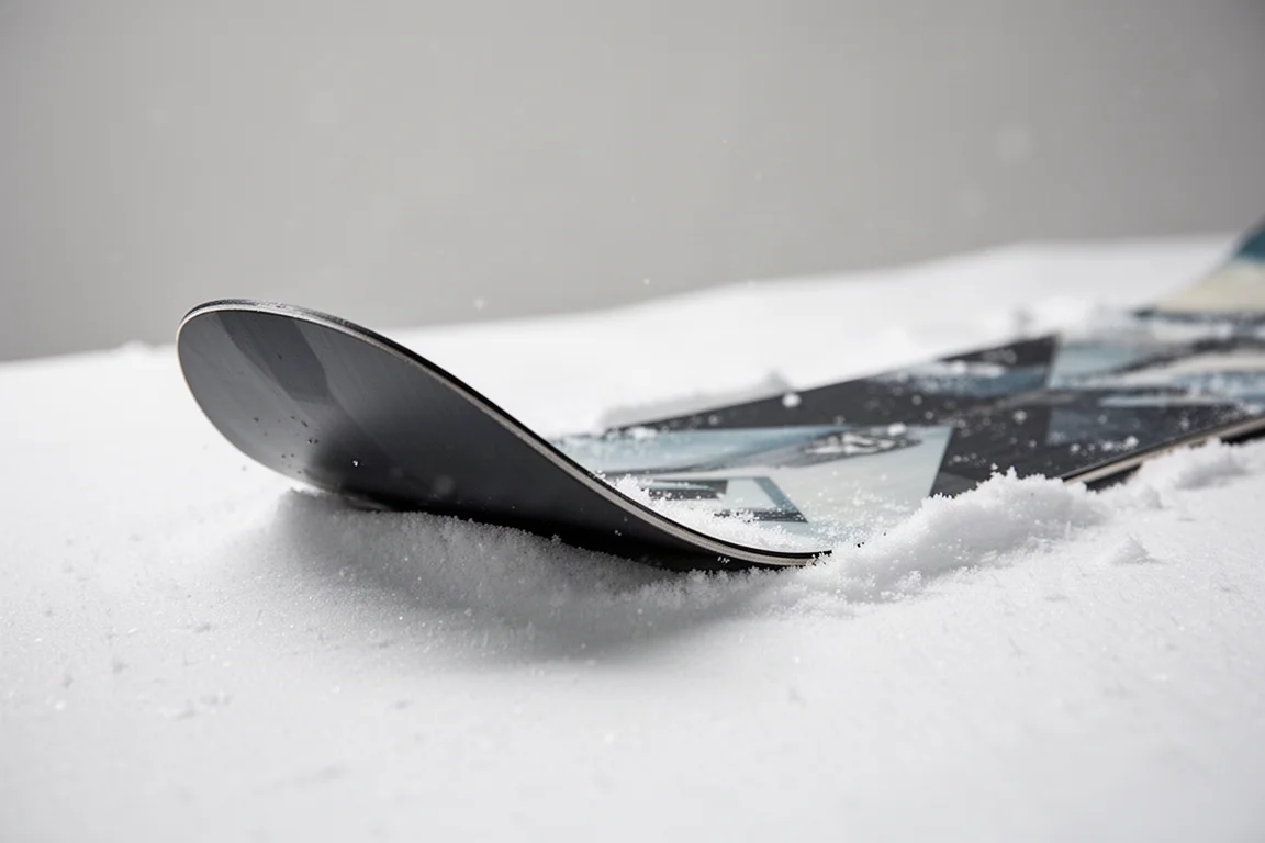 Close-up of a snowboard nose with rocker profile resting in fresh snow