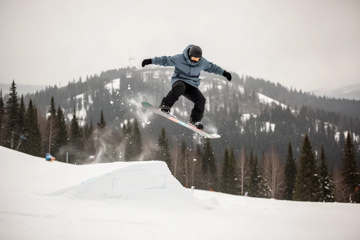 Snowboarder performing an ollie off a small natural feature on a slope