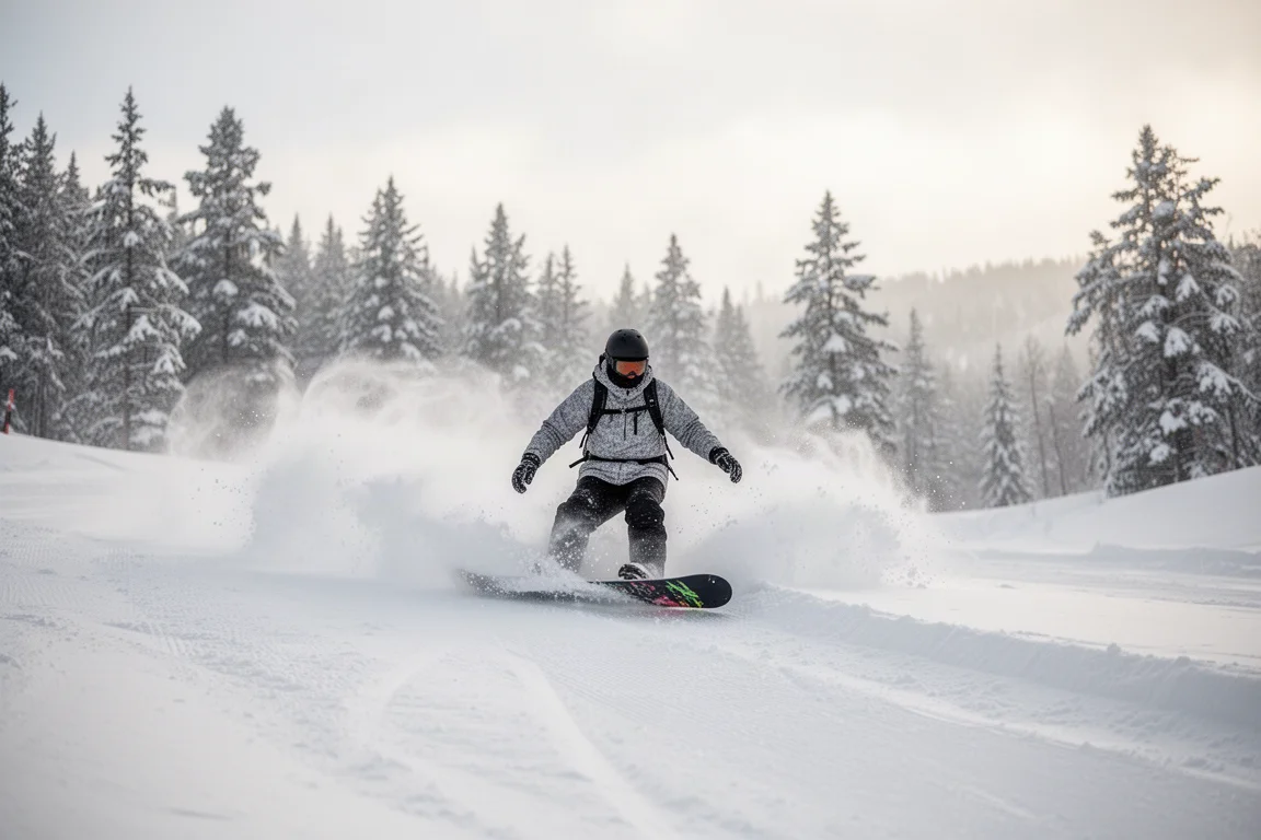 Snowboarder riding through deep powder snow off the groomed run