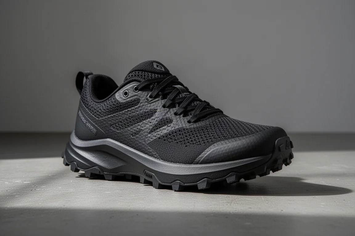 Black Ron Hill Freedom trail running shoe on a concrete surface