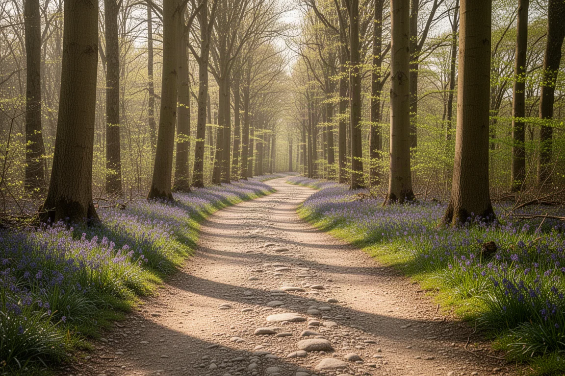 Trilha de cascalho solto serpenteando por bosque seco da Cornualha sob sol de primavera