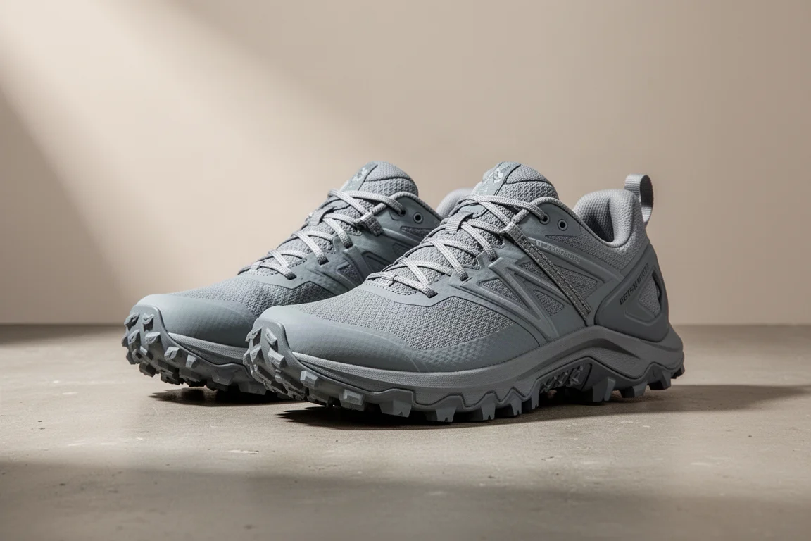 Scarpe da trail running grigie con tasselli profondi su una superficie di cemento