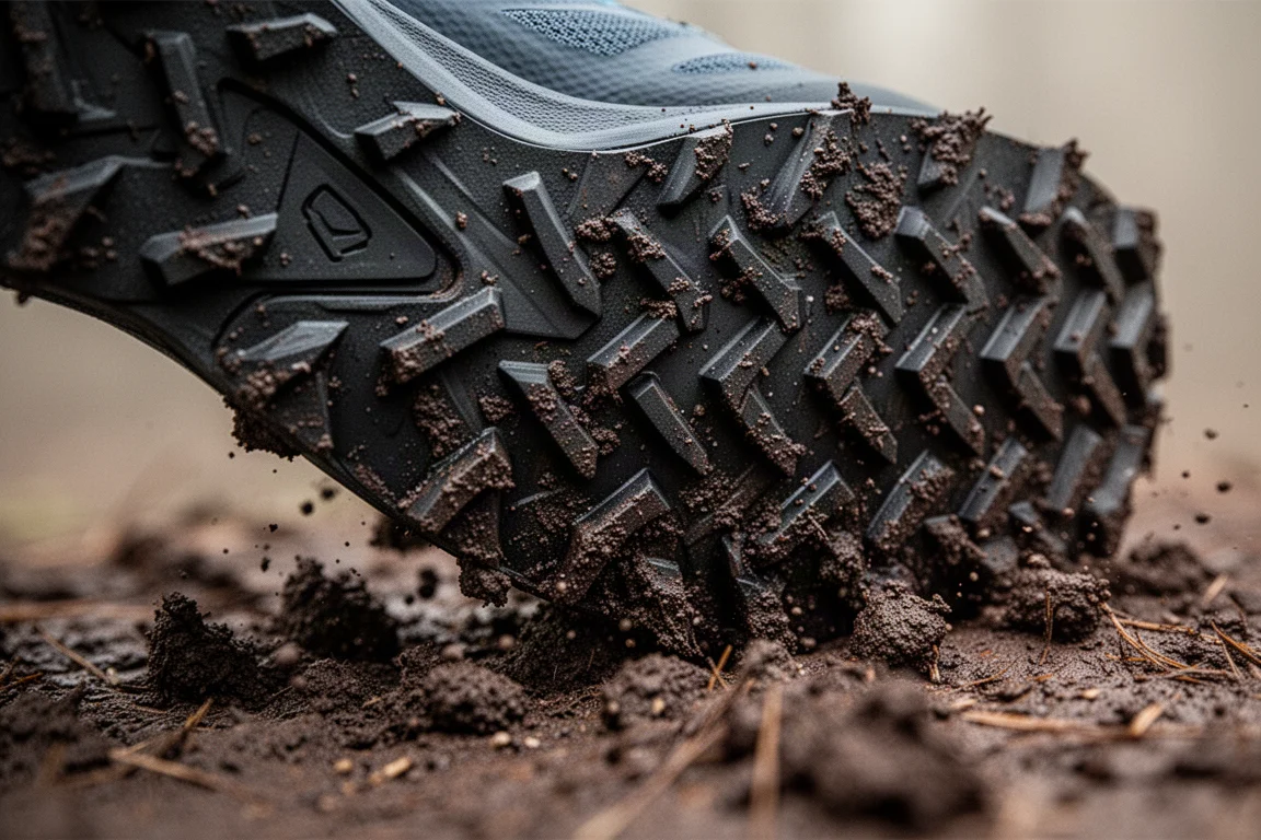Primer plano de la suela con tacos profundos de un zapato de trail agarrándose al barro húmedo