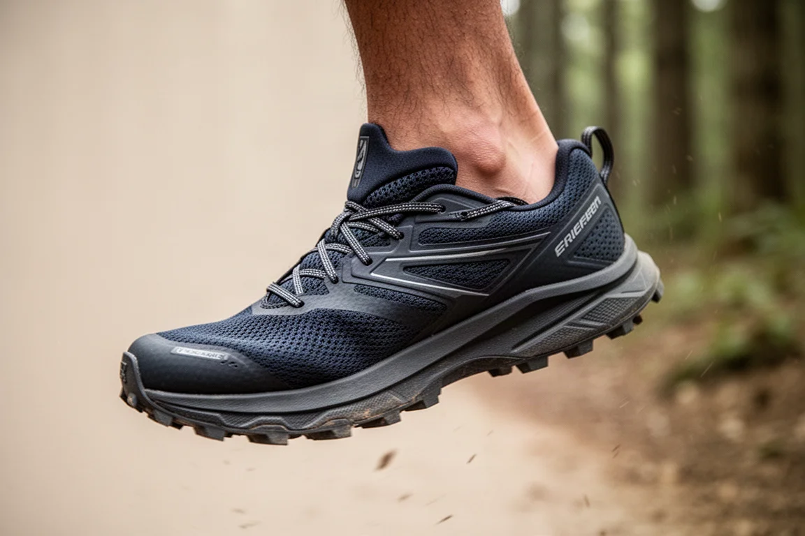Detalle de la parte superior de un zapato de trail con cordones envolventes en el mediopié del corredor