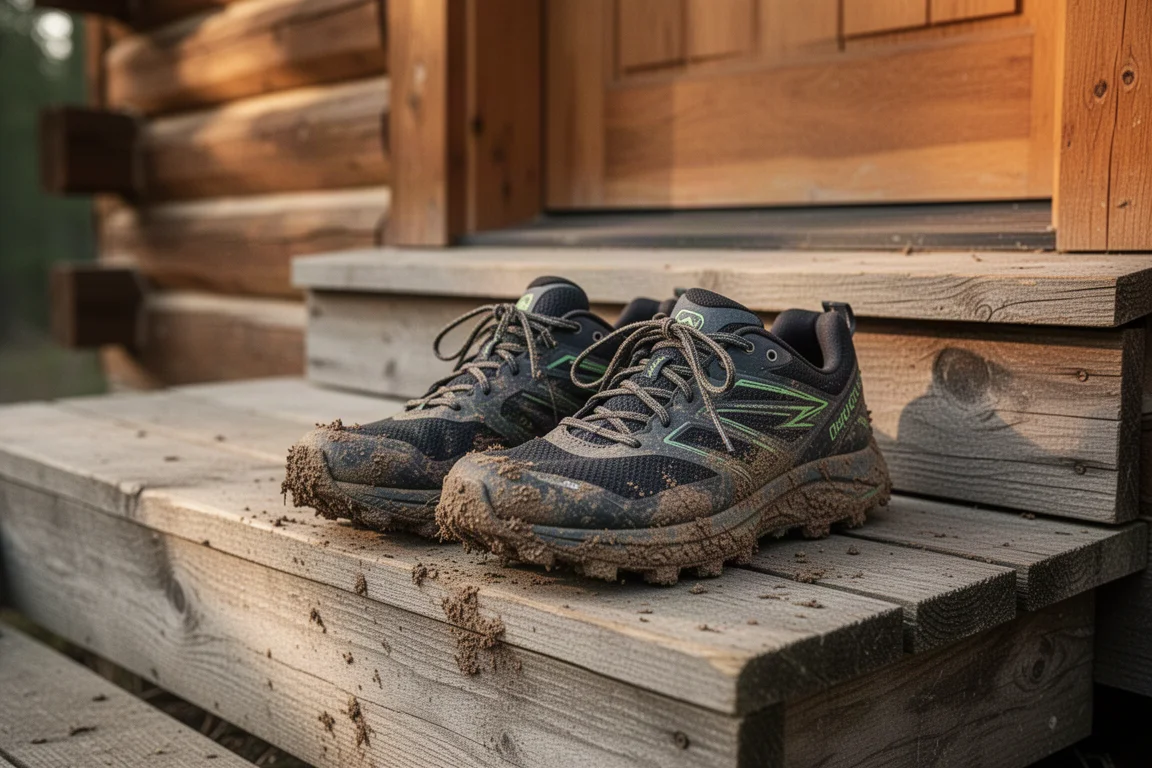 Zapatos de trail embarrados reposando en el escalón de un porche de madera tras una carrera húmeda