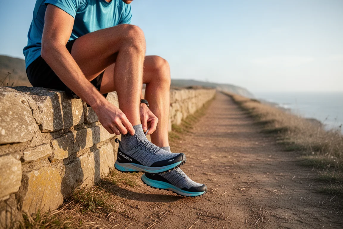Runner lacing up trail shoes on a coastal footpath in morning sunshine
