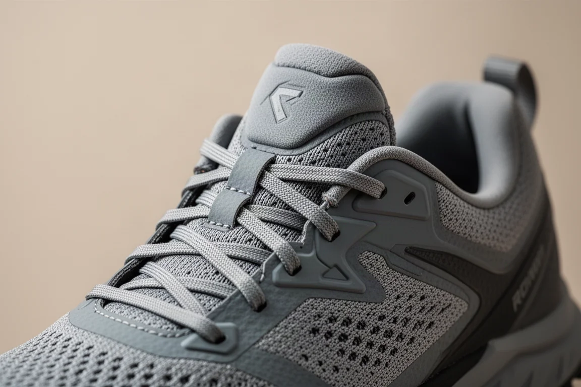 Close-up of trail shoe upper showing padded tongue and lacing