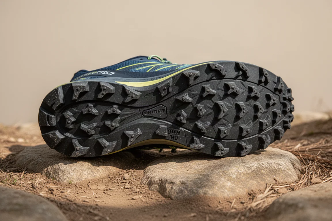 Trail shoe outsole close-up showing multidirectional lugs on rubber