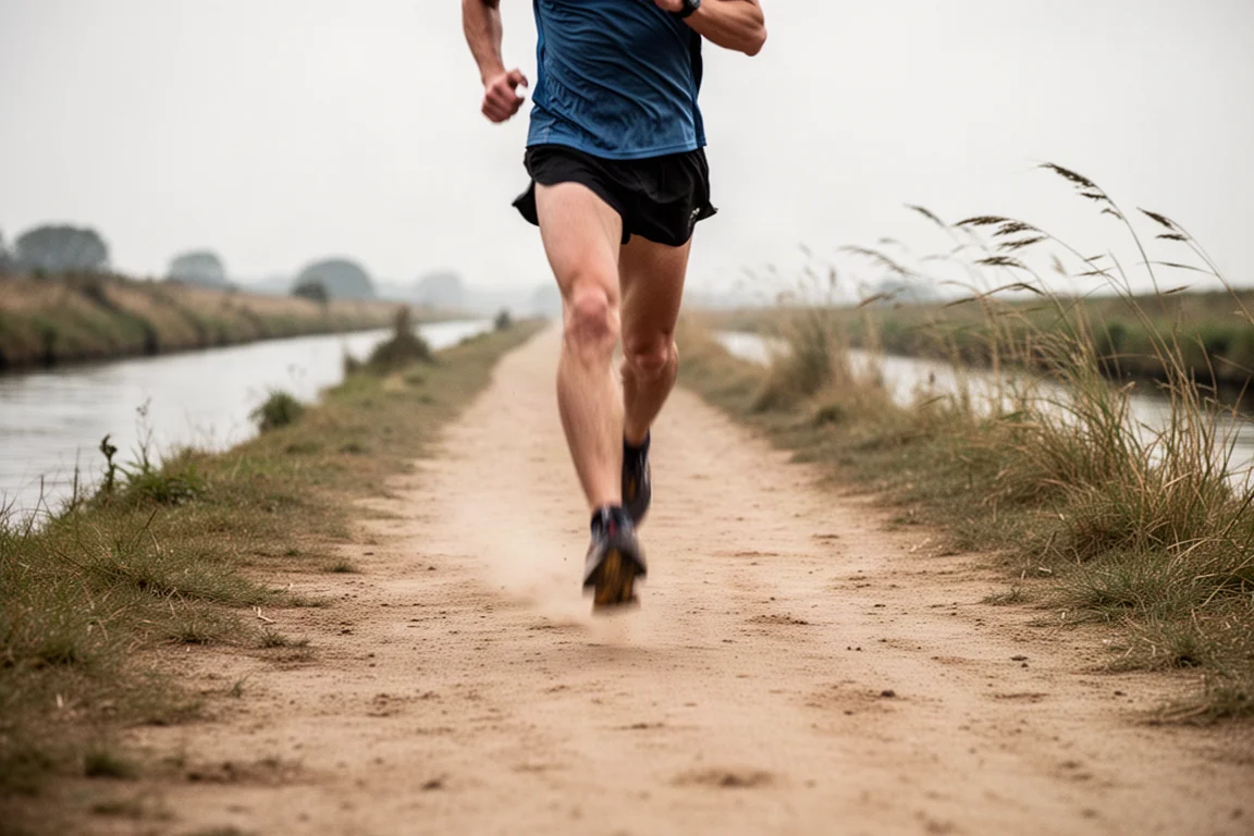 Runner crossing stony terrain on a towpath in strong wind