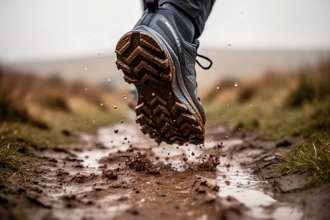 Pies de un corredor de trail en un sendero fangoso con los tacos profundos de la suela bien visibles