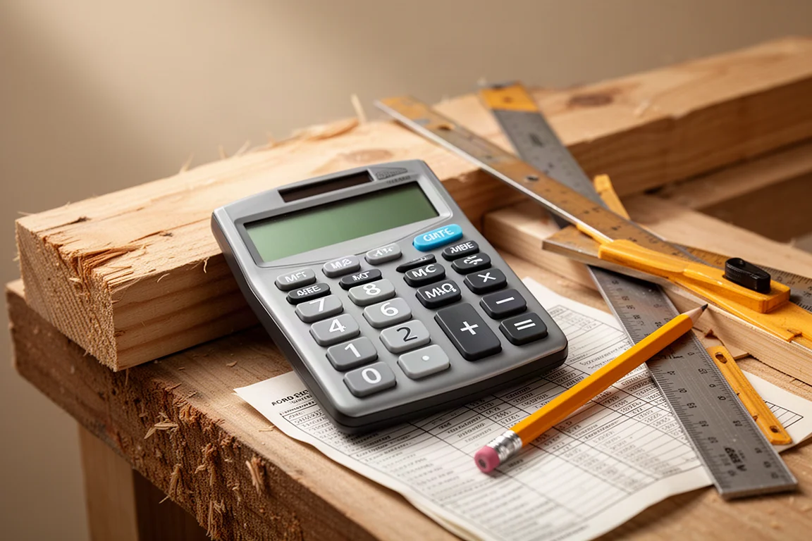 Detailopname van een Construction Master rekenmachine op een werkbank