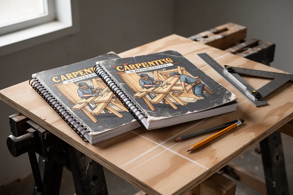 Two worn roof framing workbooks on a workbench beside a framing square and pencil