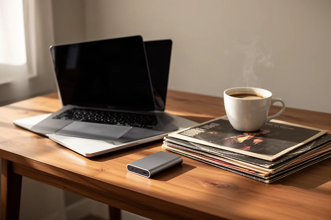 Laptop, portable hard drive and record sleeves arranged on a wooden desk in warm window light