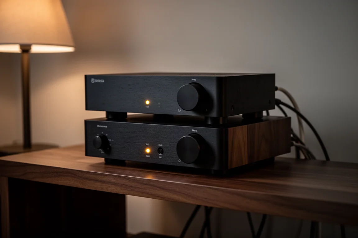 Compact audio components on a shelf with softly glowing indicator lights in dim room