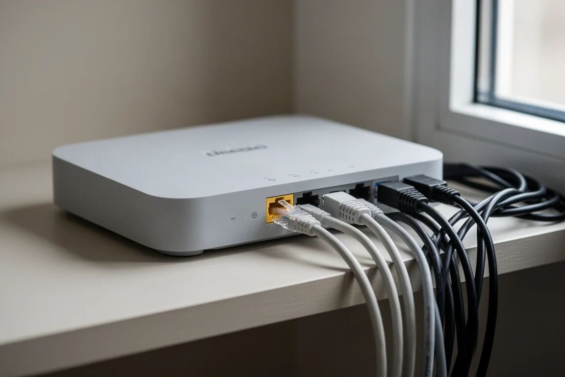 Ethernet cable plugged into a home router on a shelf in daylight
