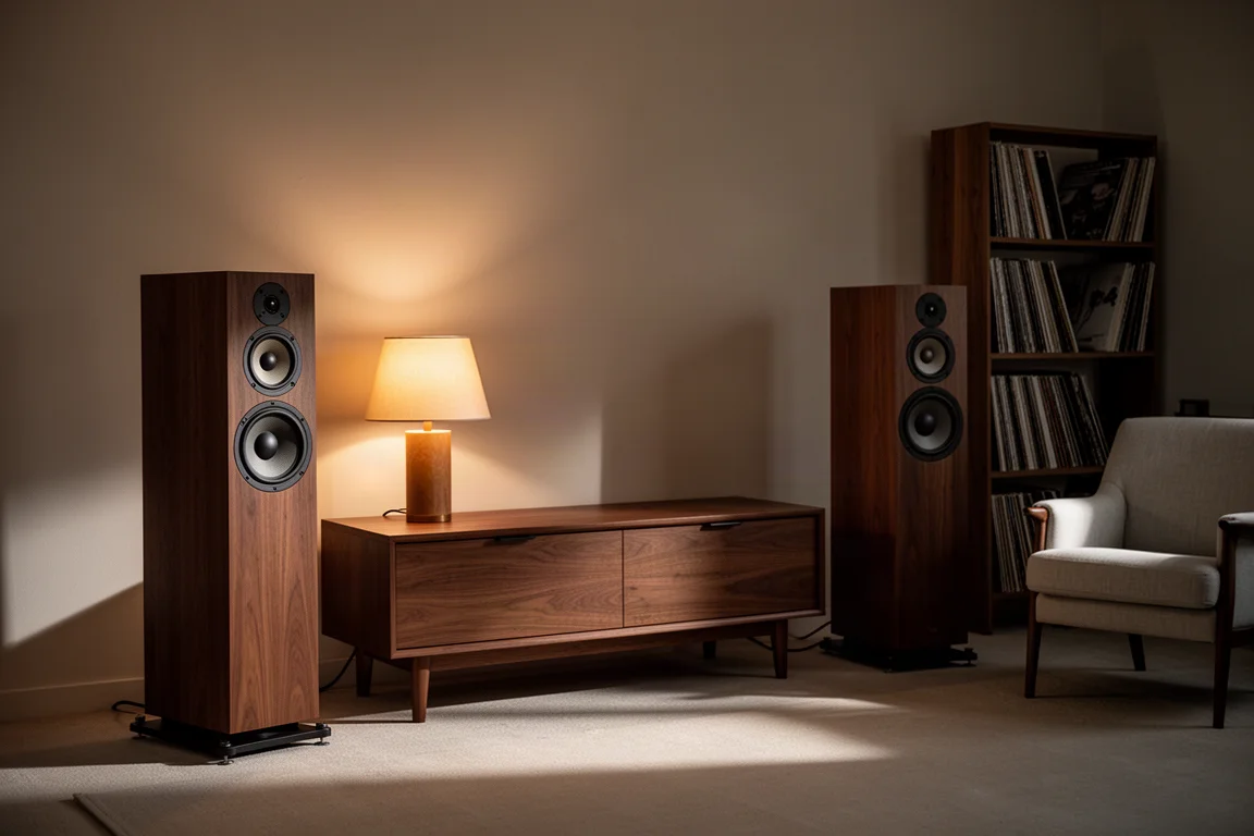 Listening room at night with floorstanding speakers and warm lamp light on a low cabinet