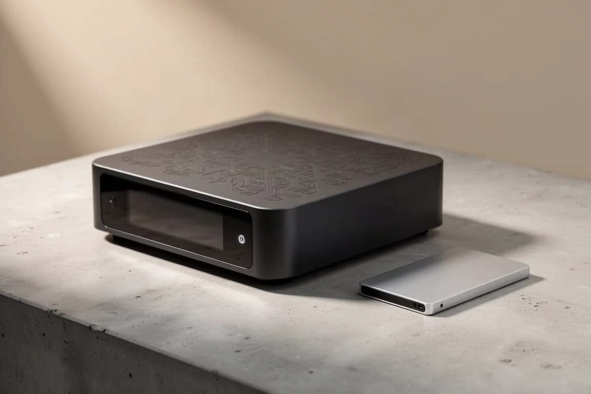Compact square music server with external solid state drive on a concrete surface