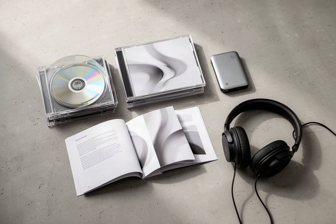 Flat-lay of CDs, an opened booklet, a hard drive, and headphones on concrete