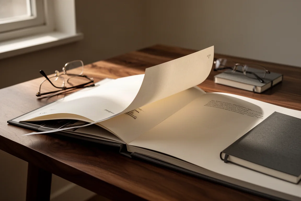 Close-up of an opened album booklet with reading glasses on a walnut table