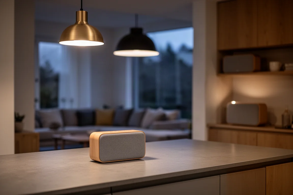 Two speakers in an open-plan home at dusk, one on a kitchen counter