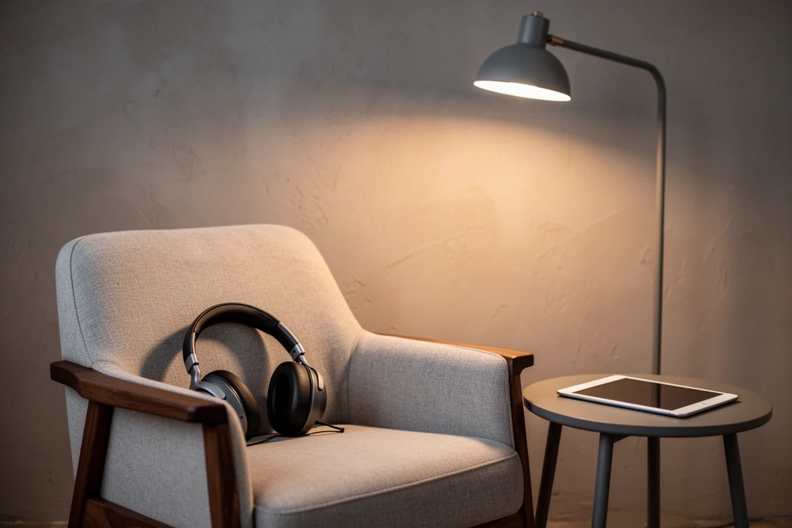 Armchair with headphones and a tablet in a warmly lit listening corner