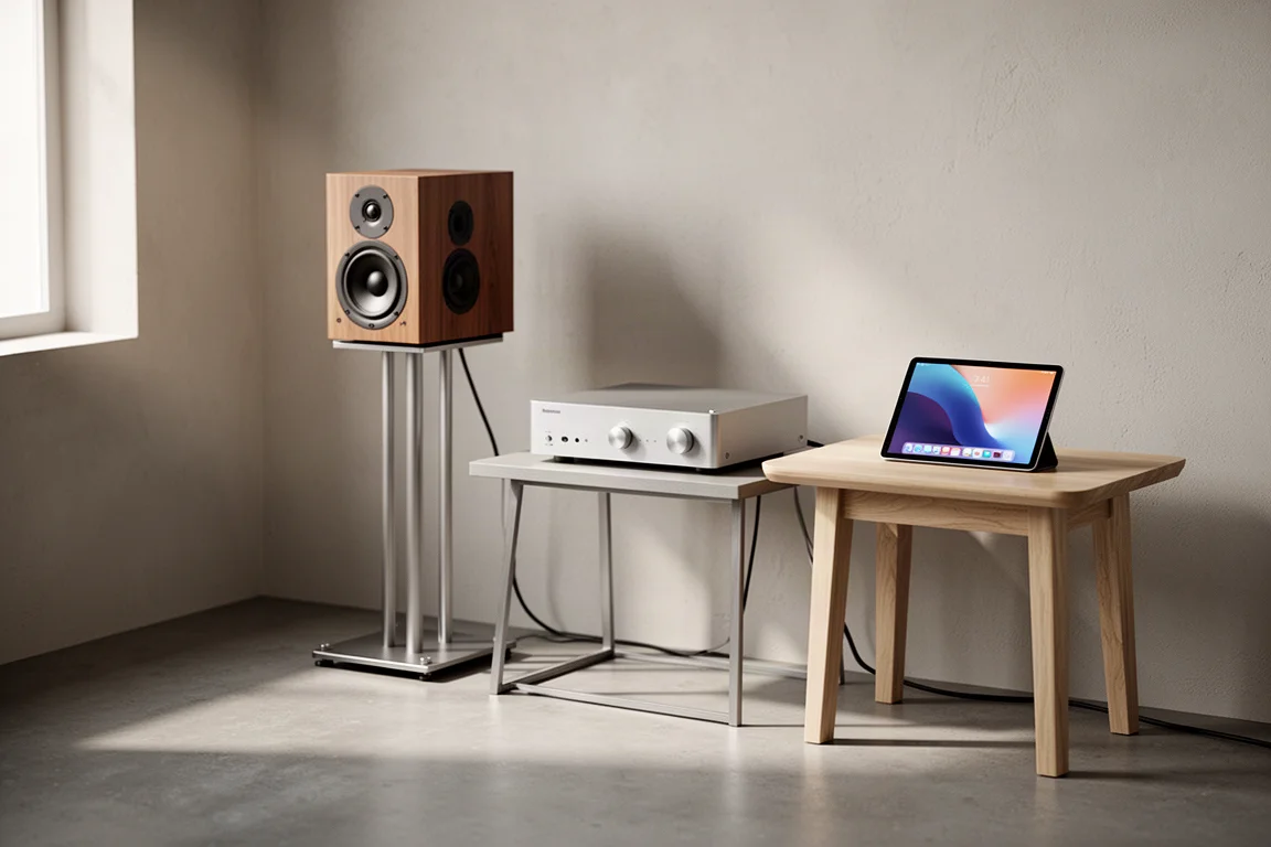 Minimal hi-fi listening corner with bookshelf speakers, amplifier, and a tablet