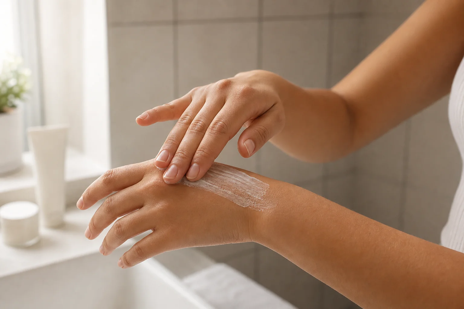Person applying sunscreen to face with gentle upward strokes