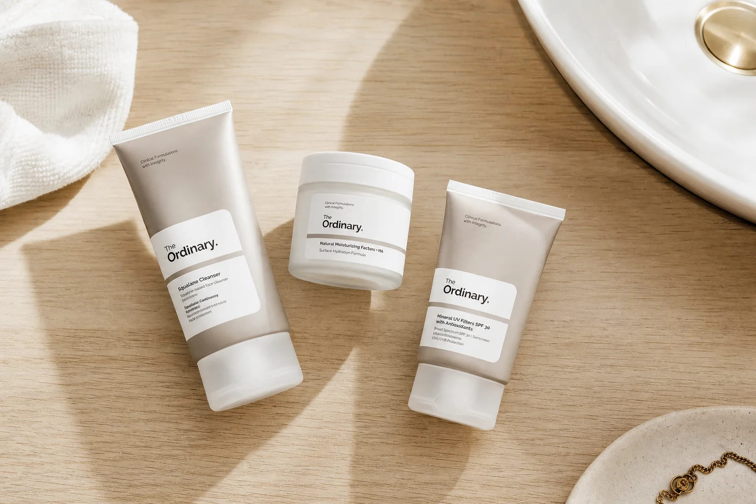 Skincare products arranged on bathroom counter with soft lighting