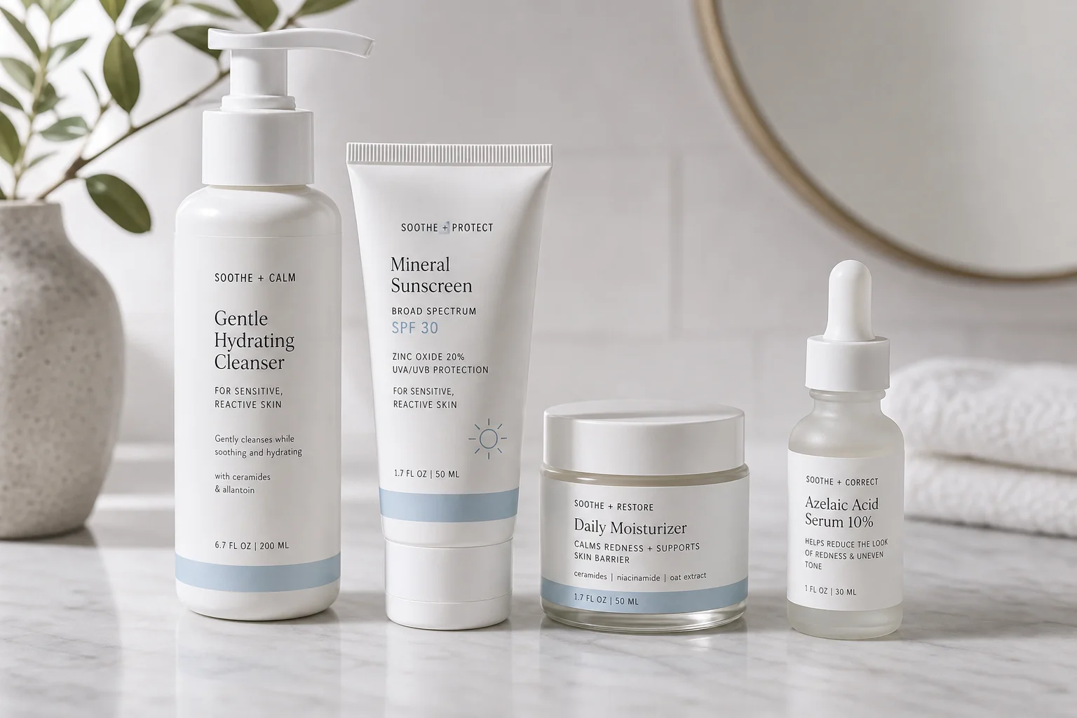 Rosacea treatment products arranged on marble surface with soft lighting