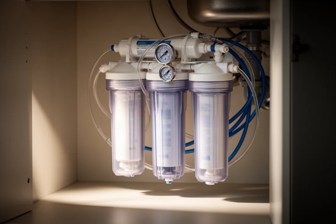 System odwróconej osmozy pod zlewem z półprzezroczystymi obudowami filtrów i pętlami przewodów