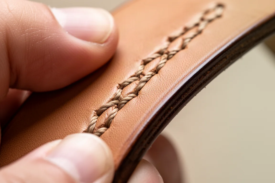 Hand saddle stitching detail along the edge of a brown leather wallet
