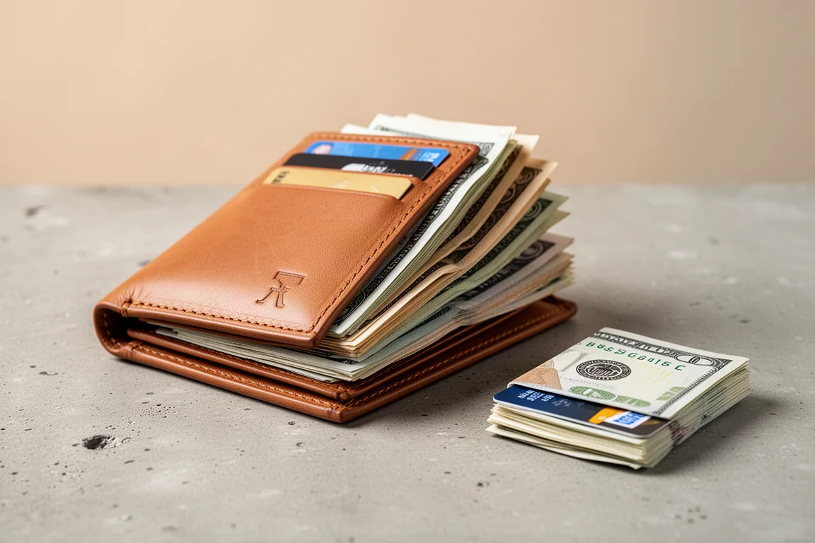 Bifold wallet holding several cards and folded bills
