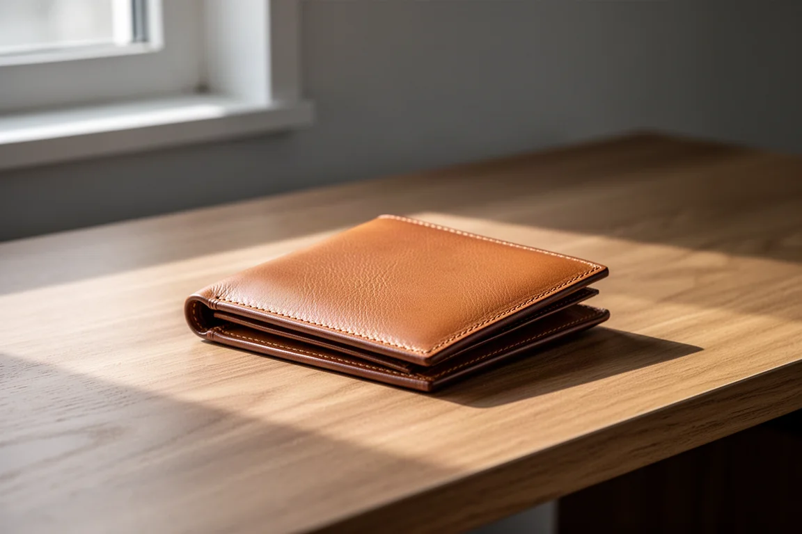 Closed leather bifold wallet on a wooden desk in soft natural light