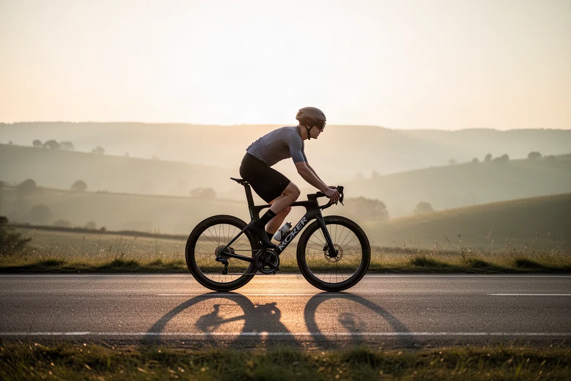 Road cyclist riding an aero road bike in an upright position on an open road at sunrise
