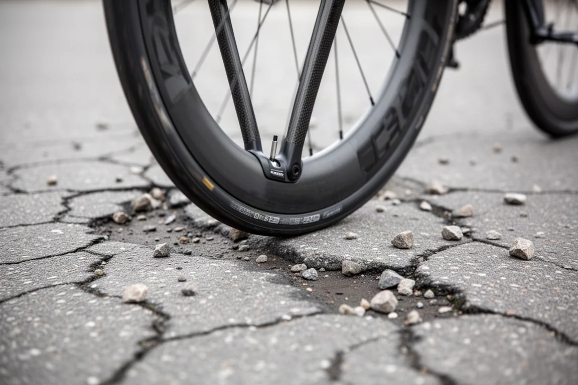 Close-up of a wide road bike tire and carbon fork on cracked, patched tarmac