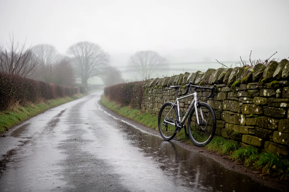 Road bike leaning against a stone wall on a wet winter lane with grey light