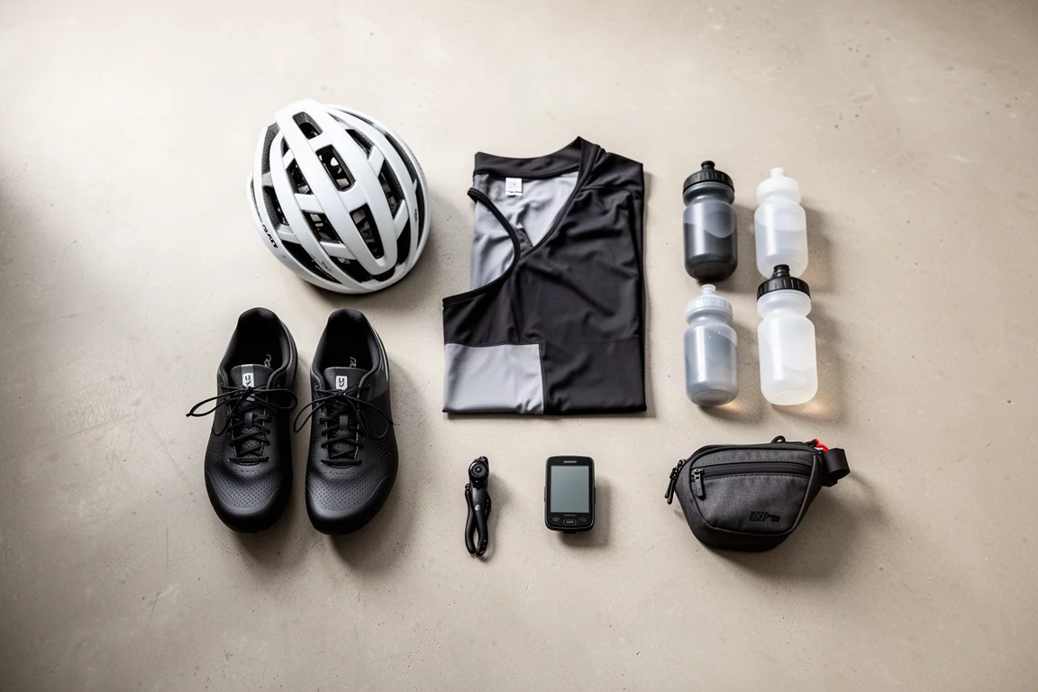 Overhead flat lay of road cycling kit and accessories on a concrete floor
