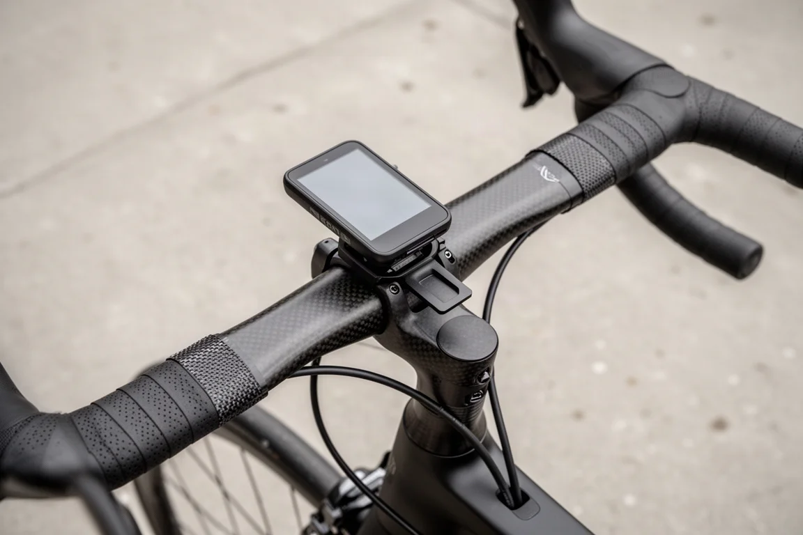 Detail van aero racefietscockpit met geïntegreerd stuur en out-front computerhouder