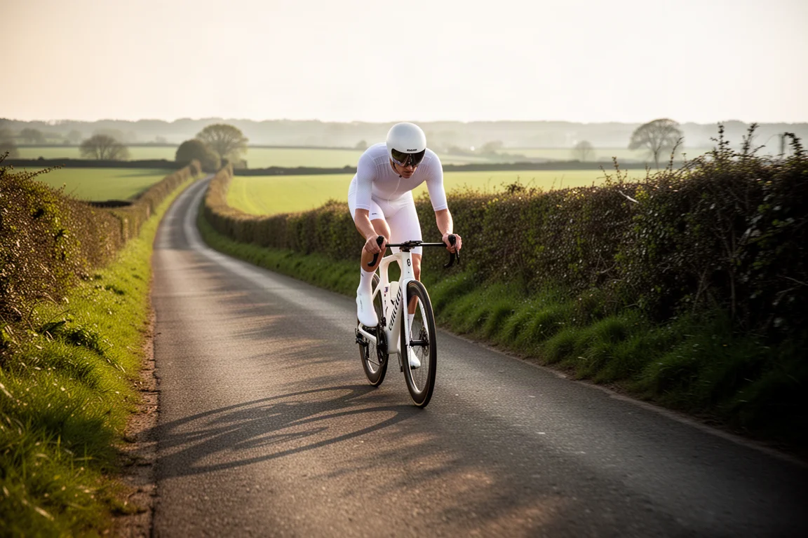 Wielrenner op een witte aero racefiets rijdt over een rustig landweggetje