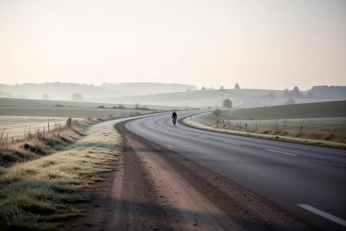 Brede grindberm naast een rustige weg in het ochtendlicht met een fiets in de verte